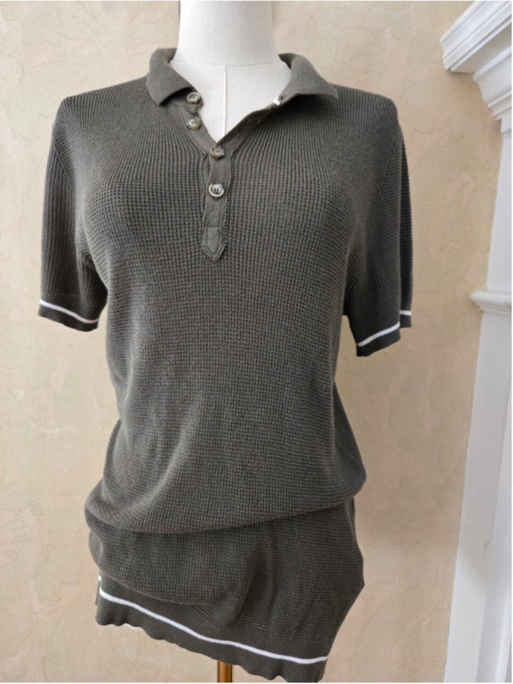 Men's Zara Man Olive & White Knit Polo Shirt Size M